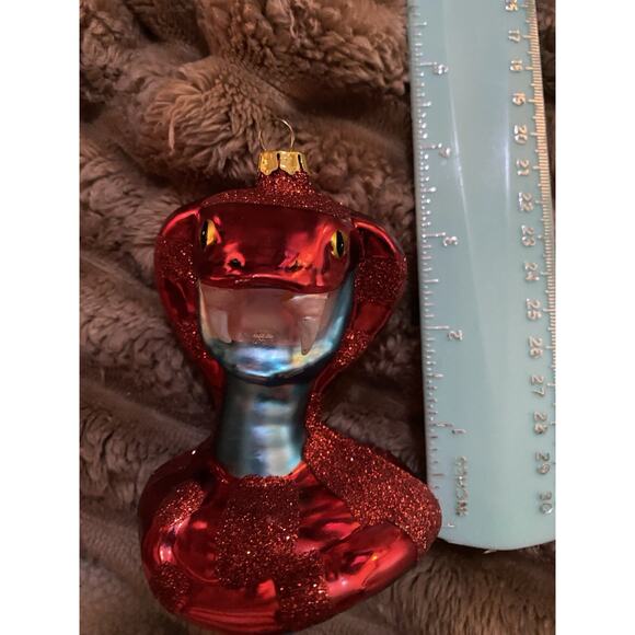 Red King Cobra Snake Christmas Ornament Blown Glass Glitter Blue 4” Serpent - Picture 10 of 10
